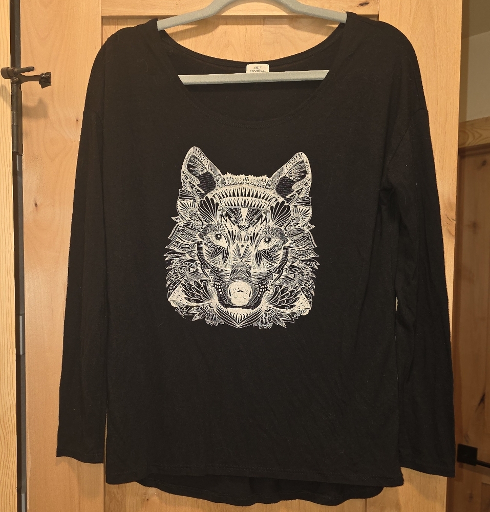 2000's O'Neill Black Wolf Long Sleeve T-Shirt Wolf  y2k tribal skate surf